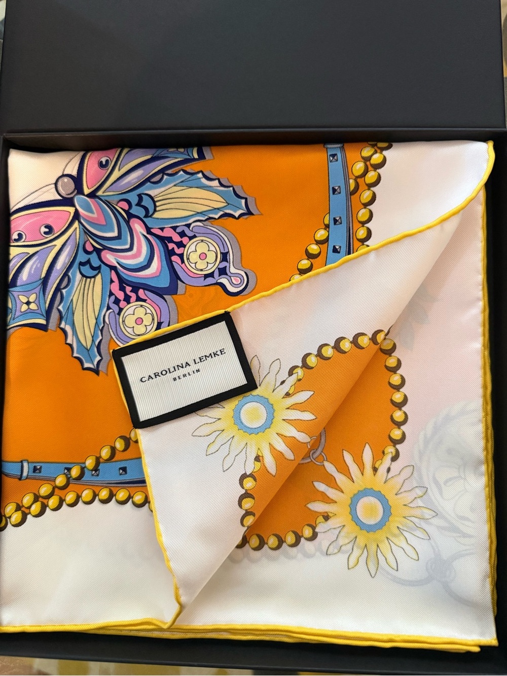 NEW Carolina Lemke Mulberry Silk Floral Butterfly Scarf in Orange Blue - Picture 1 of 7